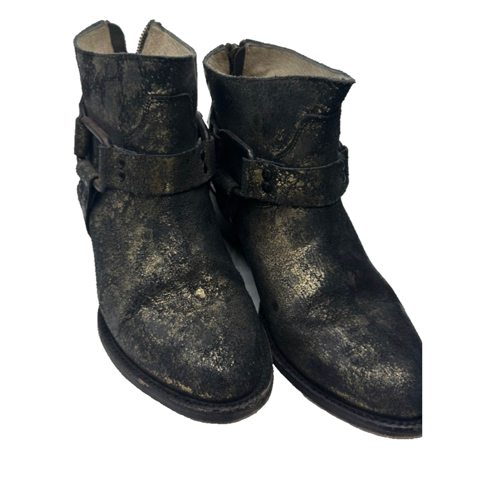 Freebird By Steven Phlow Ankle Boots-Black & Gold Metallic W/Harness Women 10